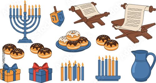 Hanukkah Vector Illustration Set with Menorah Dreidel Torah Scrolls Sufganiyot Donuts and Gift Box Icons for Jewish Holiday Celebration Design