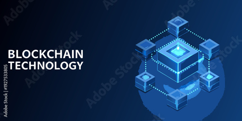 Blockchain technology concept with interconnected glowing cubes and text