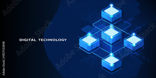 Abstract digital technology background with glowing interconnected isometric cubes