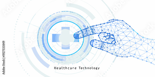 A digital hand interacts with a glowing blue medical technology interface