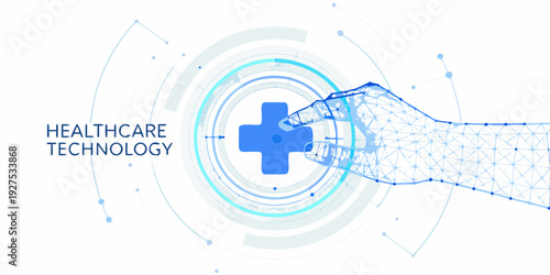 Digital healthcare technology concept a robotic hand interacting with a medical cross