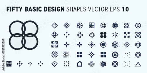 Collection of fifty basic design shapes in a vector graphic style