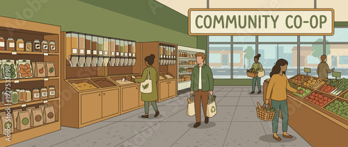 Modern Community Co-op Grocery Store Interior Illustration with People Shopping for Local Produce, Bulk Bins, and Sustainable Food in an Eco-Friendly Market with Reusable Bags and Fresh Fruit.
