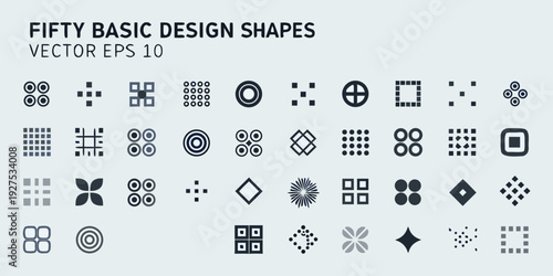 Collection of fifty basic design shapes in a vector graphic style