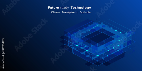 Abstract blue geometric design with text referencing future technology
