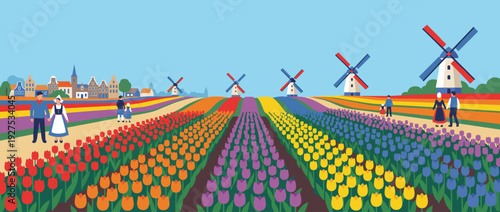 Vibrant flat vector illustration of a Dutch spring tulip festival featuring colorful flower fields, traditional windmills, and people in folk costumes in a scenic Netherlands countryside landscape.