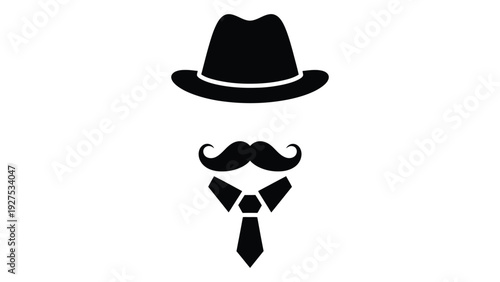A black silhouette of a man's face with a hat and tie isolated on white background, Vector