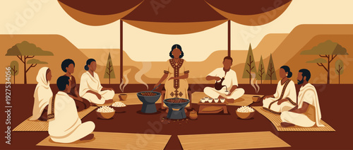 Traditional Ethiopian Coffee Ceremony Flat Vector Illustration with People Roasting Beans, Pouring Coffee from a Jebena, and Sharing Popcorn under a Tent in a Beautiful African Landscape.