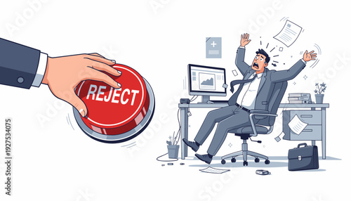 Employer Hand Pressing Big Red Reject Button and Shocked Office Worker Getting Fired from His Job, Concept of Layoff, Unemployment, Corporate Dismissal, and Career Failure Vector Illustration.