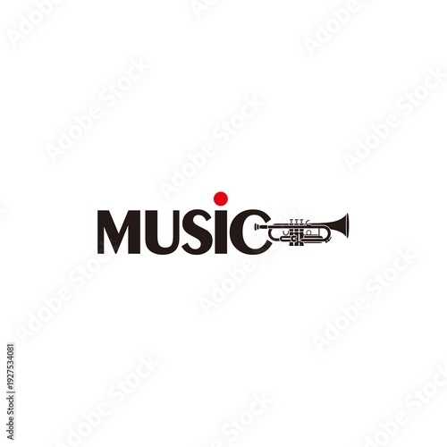 Minimalist Music Wordmark with Trumpet Instrument Icon on White Background. Vector Logo Design.