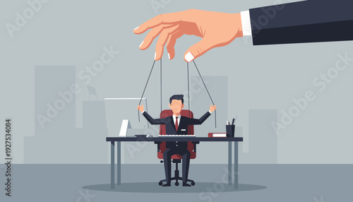 Giant hand controlling a businessman puppet like a marionette while working at a desk with a computer. Concept of corporate manipulation, boss authority, and lack of freedom in the office.