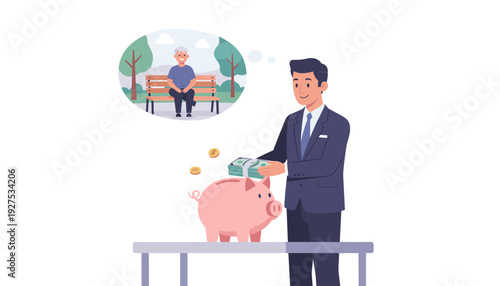 Businessman putting cash and coins into a piggy bank with a thought bubble of himself as an old man on a park bench, representing retirement planning, pension savings, and financial security.