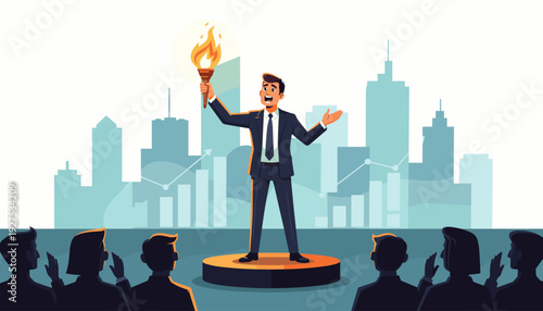 Successful Businessman Holding a Burning Torch and Giving an Inspiring Speech to an Audience on a Podium with a City Skyline and Financial Growth Charts Background. Leadership and Vision Concept