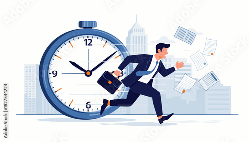 Businessman in a Suit Running Fast Past a Large Clock with Flying Papers in a City Background, Concept of Time Management, Deadline Stress, Busy Work Life, and Rushing to a Meeting or Office.