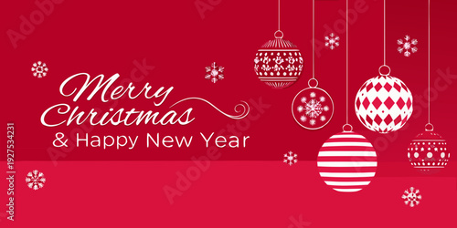 Festive red background with christmas ornaments and holiday greetings
