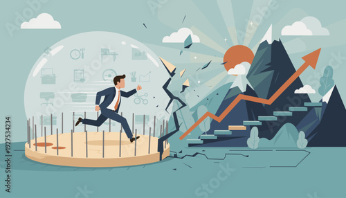 Businessman Breaking Out of a Glass Comfort Zone Bubble to Achieve Success and Growth, Concept of Escaping Routine and Safety to Reach New Heights, Career Advancement and Goal Achievement Illustration