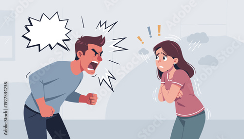 Angry man screaming and shouting at a frightened and stressed woman in a conflict situation. Concept of domestic abuse, relationship problems, verbal aggression, and communication breakdown.