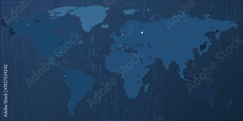 A dark blue world map with scattered glowing points representing cities
