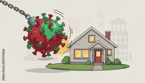 Coronavirus Wrecking Ball Hitting a House Metaphor for Pandemic Related Mortgage Crisis Financial Crash and Real Estate Market Collapse with Interest Rate Symbols and Foreclosure Concept
