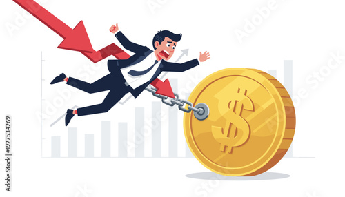 Businessman Falling Down Chained to a Large Gold Dollar Coin with Red Arrow and Stock Market Graph Background, Symbolizing Financial Crisis, Bankruptcy, De-dollarization, and Economic Recession