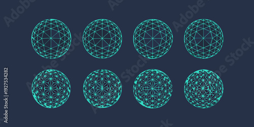 Abstract geometric eggs with wireframe designs on a dark background