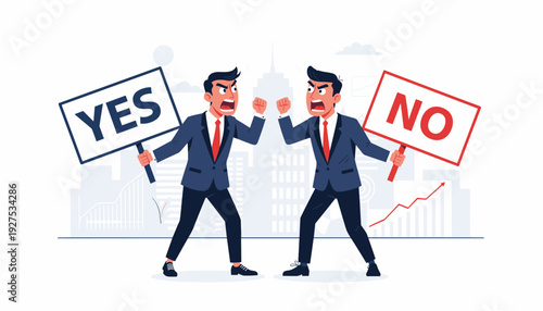 Two Angry Businessmen in Suits Having a Heated Dispute and Argument Holding Yes and No Signs, Concept of Conflict of Interest, Negotiation, Disagreement and Differences of Opinion Vector Illustration