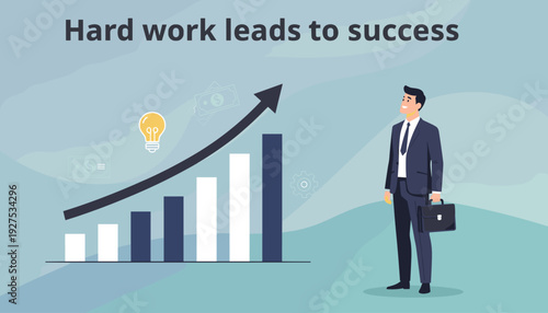 Hard work leads to success concept with a businessman standing next to a rising growth bar chart and arrow, representing financial progress, career achievement, and professional development vector.