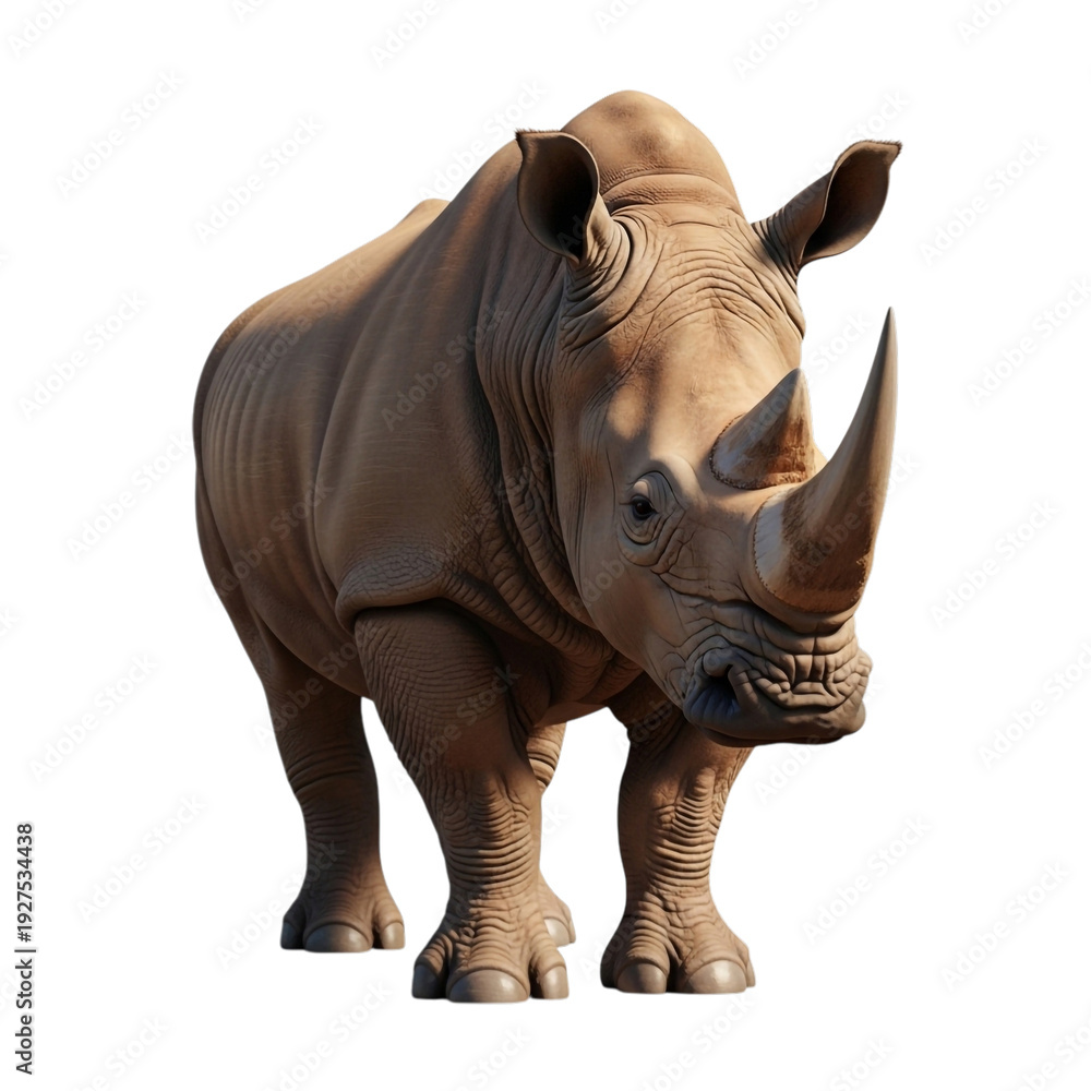 Fototapeta premium Brown rhinoceros standing isolated on transparent background with large horn