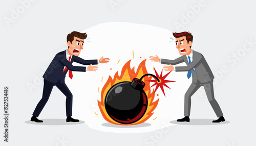Two businessmen in suits pushing a large burning bomb with a lit fuse towards each other, representing shirking responsibility, passing the blame, corporate crisis, and conflict management.