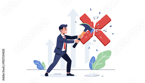 Businessman in a suit breaking a large red cross or X symbol with a hammer, representing overcoming obstacles, learning from mistakes, career growth, and achieving success through persistence.