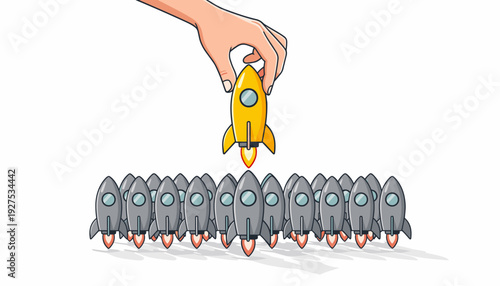 Business leadership concept with a giant hand picking a bright yellow rocket from a group of grey rockets. Symbol of startup success, unique talent selection, and competitive advantage in market.