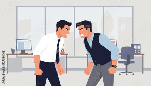 Two Angry Businessmen Staring at Each Other in Heated Office Conflict. Professional Male Colleagues in Intense Standoff, Ready to Fight, Representing Workplace Rivalry, Competition, and Stress.