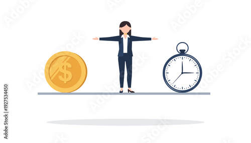 Businesswoman Balancing Time and Money on a Seesaw Scale, Concept of Work Life Balance, Financial Management, and Efficiency, Flat Vector Illustration with Dollar Coin and Stopwatch Clock Icon.