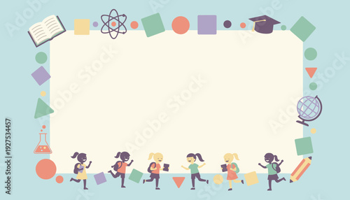 A whimsical border of educational icons and playful children running around a blank space for text.