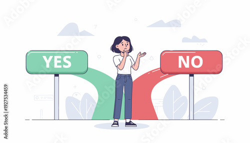 Confused Young Woman Standing at a Crossroads Between Yes and No Signs, Concept of Difficult Decision Making, Choosing the Right Path, Uncertainty and Doubt, Vector Illustration of Life Choices.