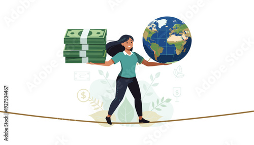 Woman Balancing Stack of Money and Planet Earth on Tightrope, Concept of Environmental Sustainability, Green Economy, ESG Corporate Social Responsibility, and Global Ecological Balance Vector