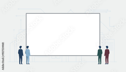 Four people stand in front of a large blank white screen, possibly a billboard or presentation display.