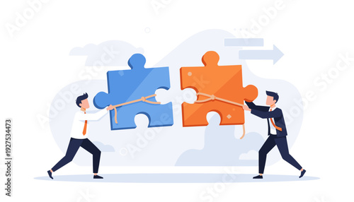 Business teamwork vector concept featuring two businessmen pulling large blue and orange jigsaw puzzle pieces together with ropes, symbolizing collaboration, partnership, and problem solving.