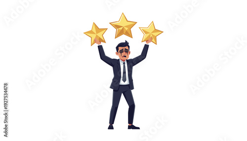 Stressed Businessman Crying While Holding Three Gold Stars, Concept of High Pressure at Work, Perfectionism, Burnout, and the Burden of Maintaining High Quality Standards in Business Environment
