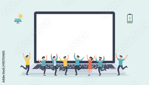 Diverse group of happy people jumping and celebrating in front of a large laptop with a blank screen, symbolizing teamwork, energy, and new opportunities with renewable power.