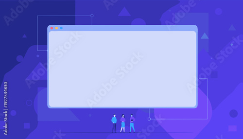 Three small people looking up at a large, empty browser window on a purple and blue abstract background with geometric shapes, representing a blank canvas or new project.