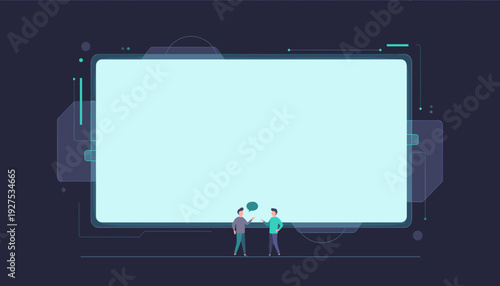 Two small people conversing in front of a large glowing futuristic digital screen with a dark background.