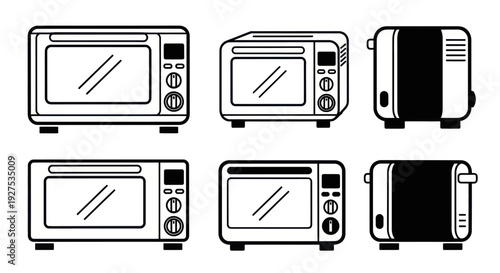 Set of six toaster oven illustrations in outline and silhouette styles.