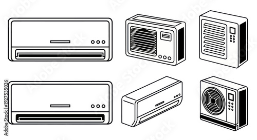Set of various air conditioning units in different perspectives.
