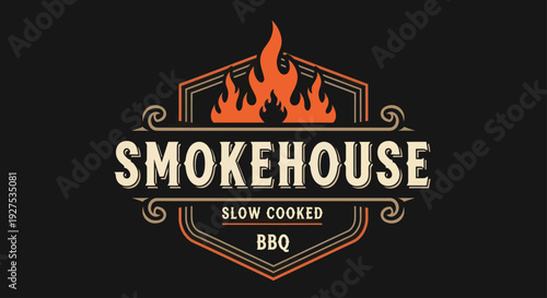 Smokehouse Slow Cooked BBQ Logo with Flames and Vintage Design.