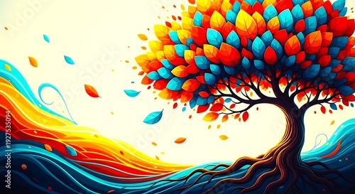 Vibrant tree with colorful leaves and swirling abstract roots in warm light
