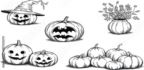 Halloween Pumpkin Assortment with Witch Hat and Bat Carving in Sketch Style pumpkins