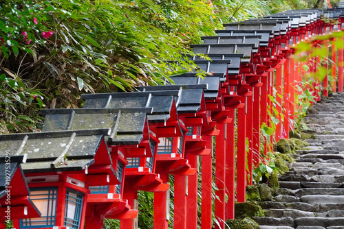 京都貴船神社の朱塗りの灯籠が立ち並ぶ参道の石段