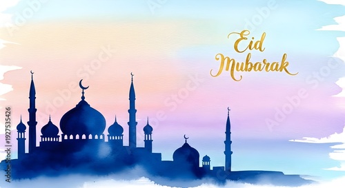 Watercolor Illustration of Mosque Silhouette at Sunset for Eid Mubarak Greeting