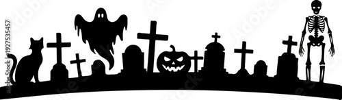 halloween graveyard silhouette with ghost pumpkin cat and skeleton
